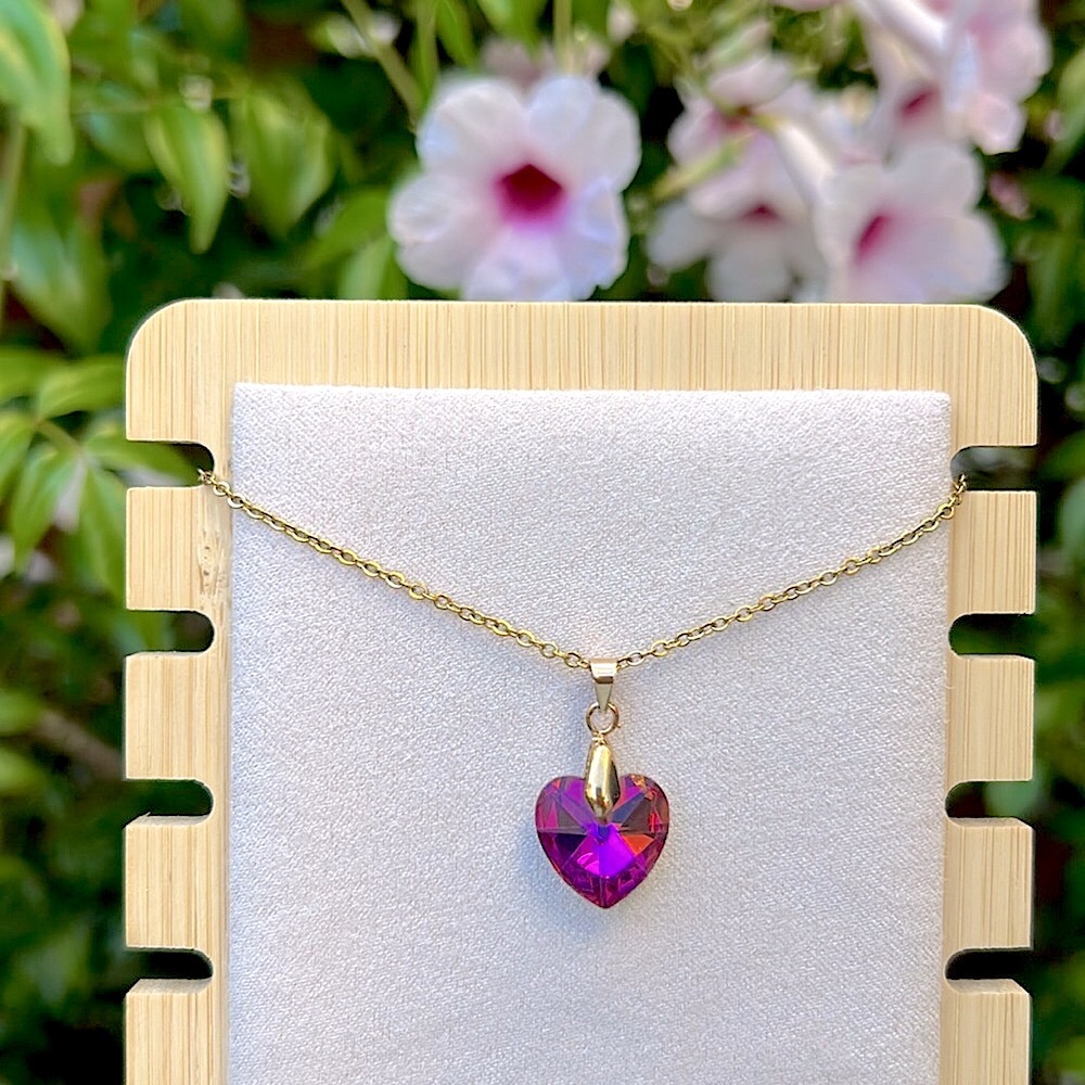 Violet Pink + Gold Crystal Heart Pendant Necklace - Picture 4 of 8